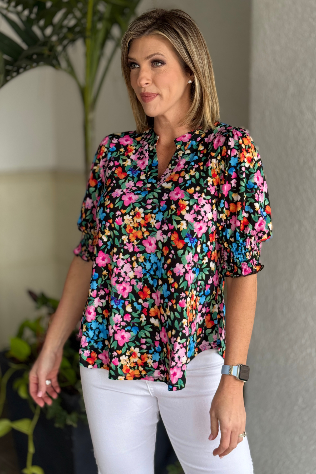 wrinkle free floral mandarin collar blouse