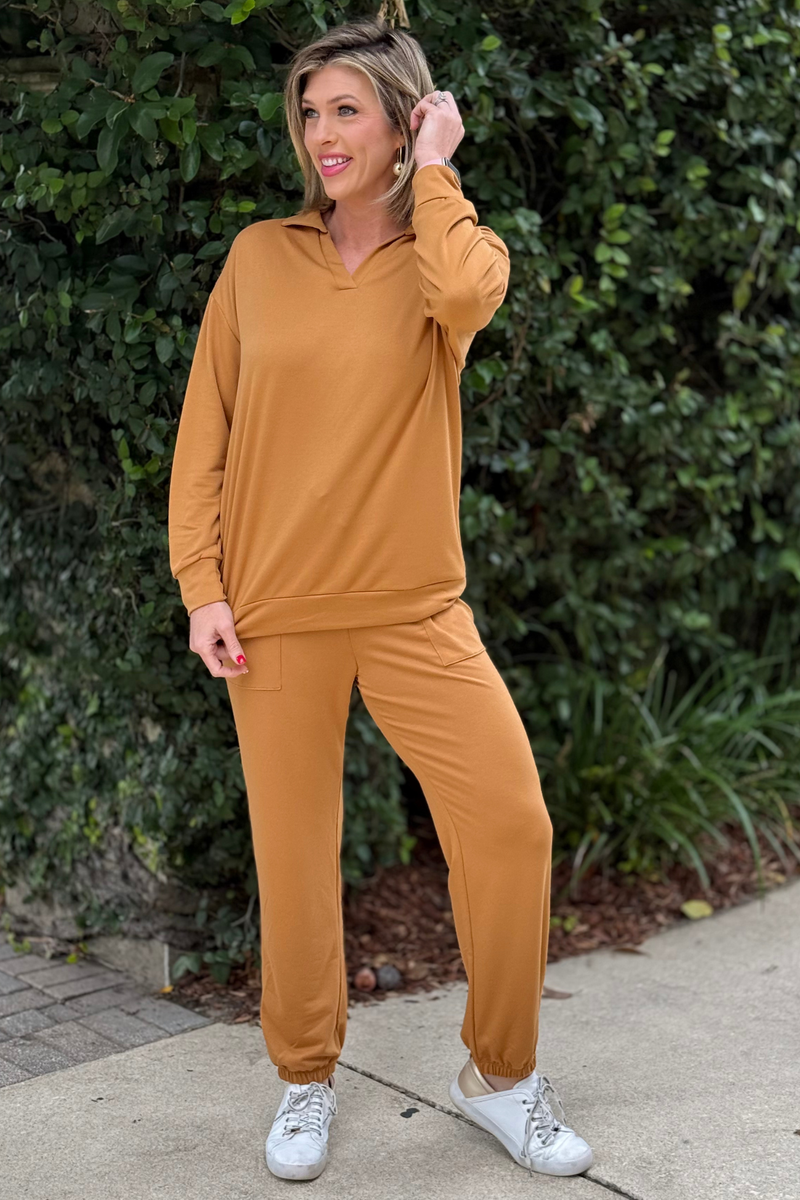 Yellow matching lounge set with relaxed top and jogger pants