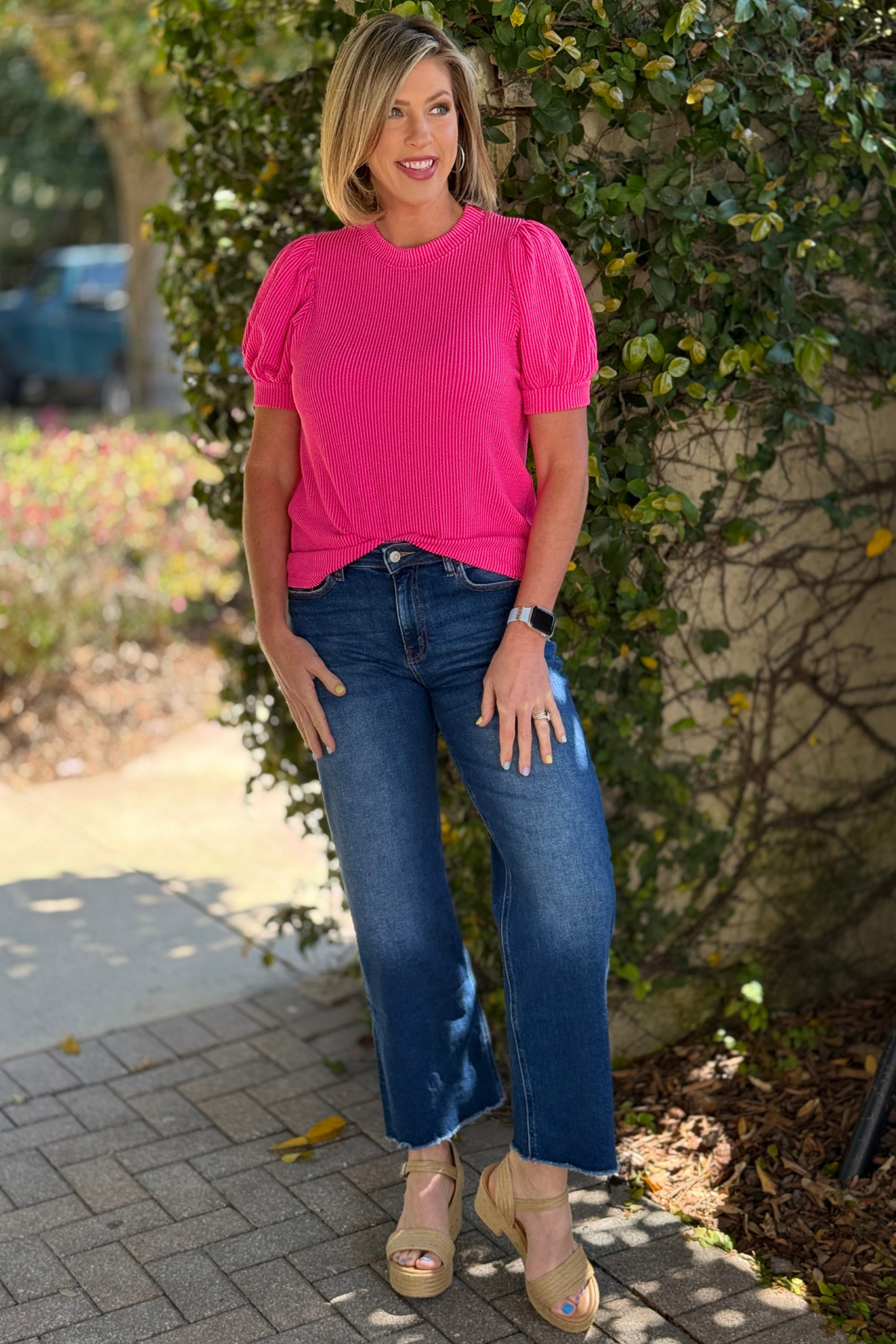 dark wash high rise straight leg jeans front view