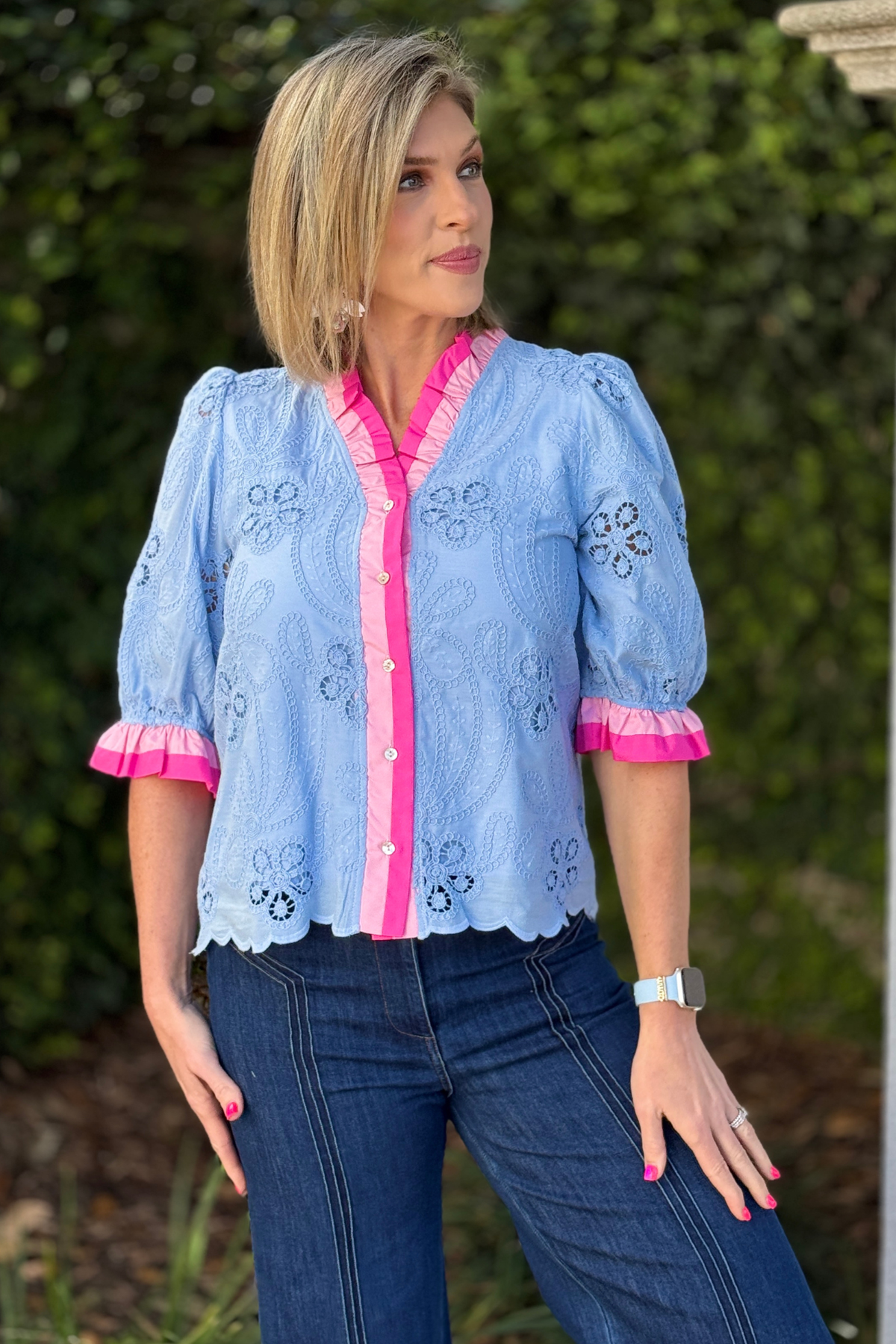 Women’s spring button down eyelet top with 3/4 sleeves