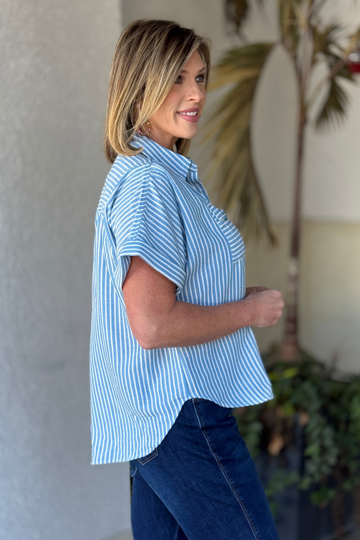 Cuffed short sleeve striped button down shirt