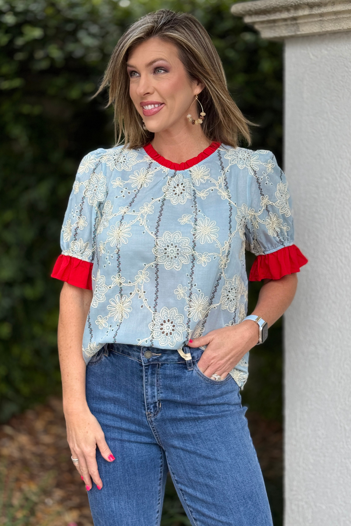 Floral eyelet embroidered puff sleeve blouse