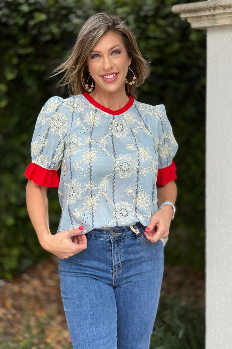 Contrast ruffle neckline spring top