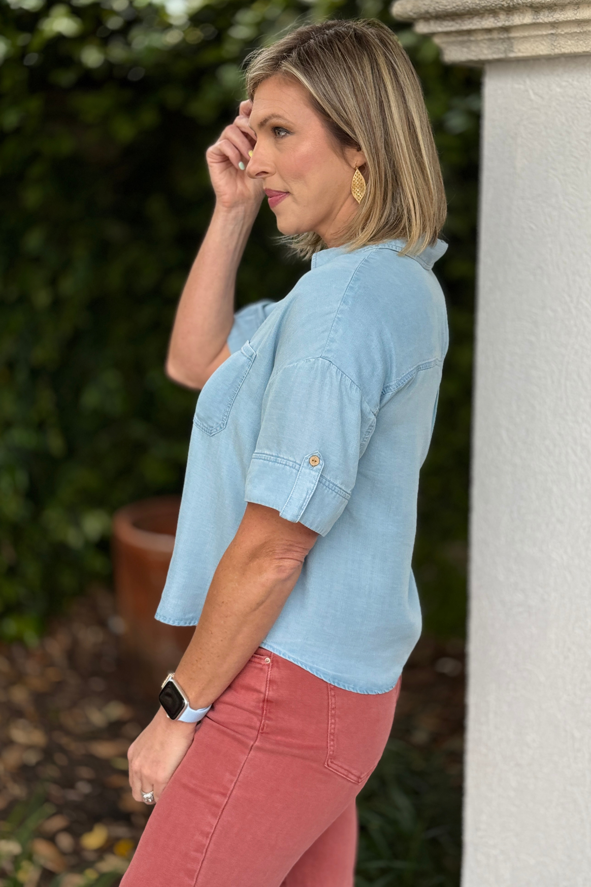 Soft lightweight denim look top paired with colored jeans
