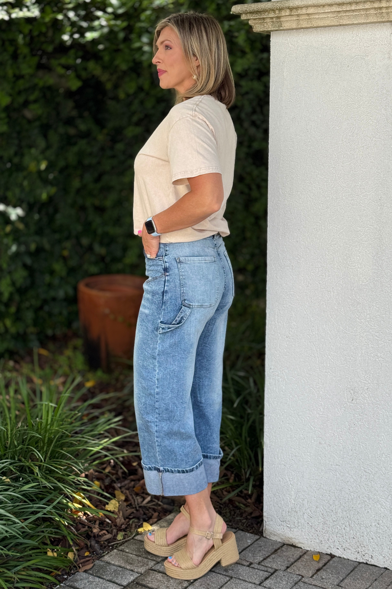 Boutique rolled hem denim pants with oversized pockets