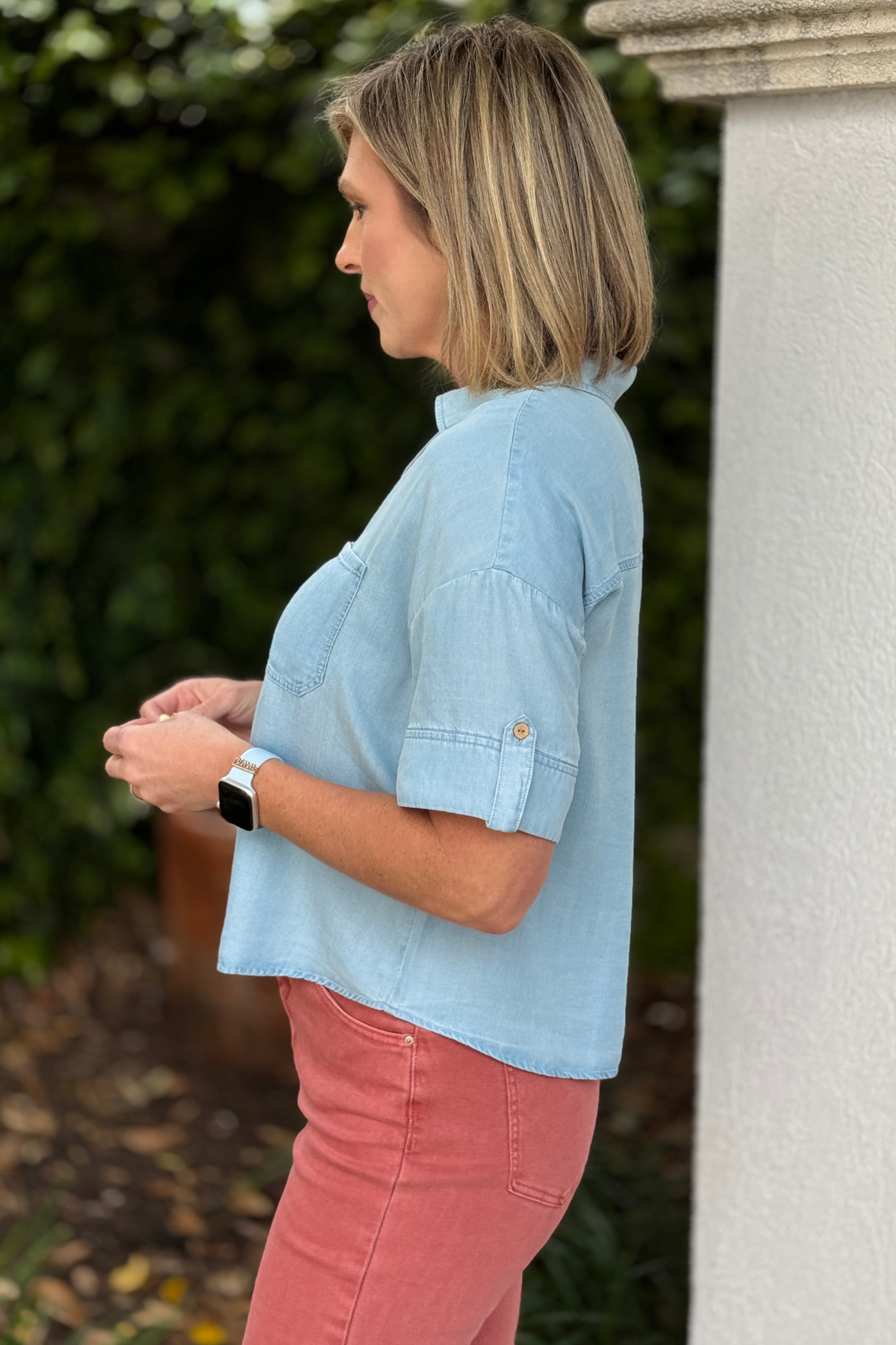 Casual button front shirt styled for spring and summer