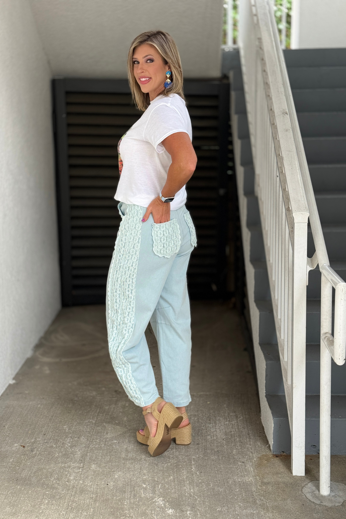 High waisted floral lace trim denim pants