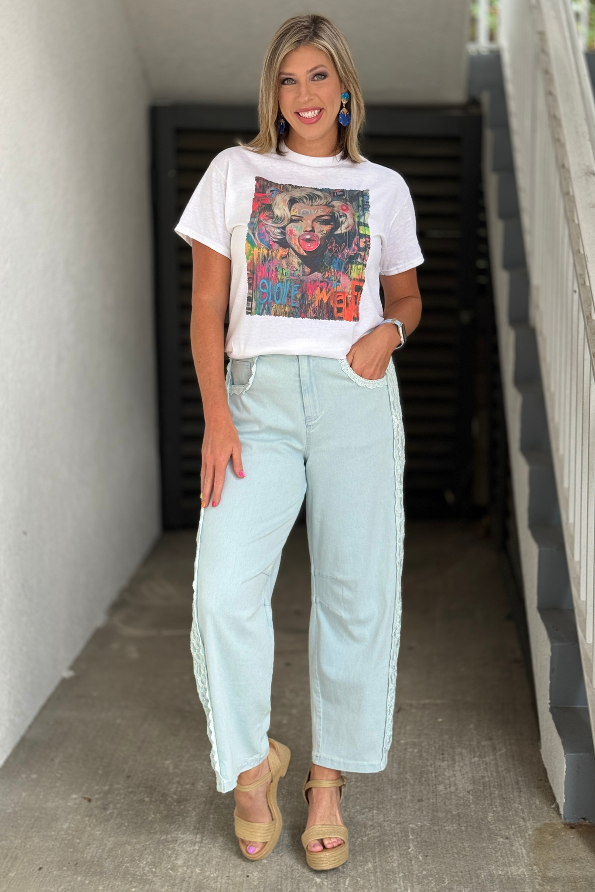 Lace and Grace high rise lace trim jeans front view