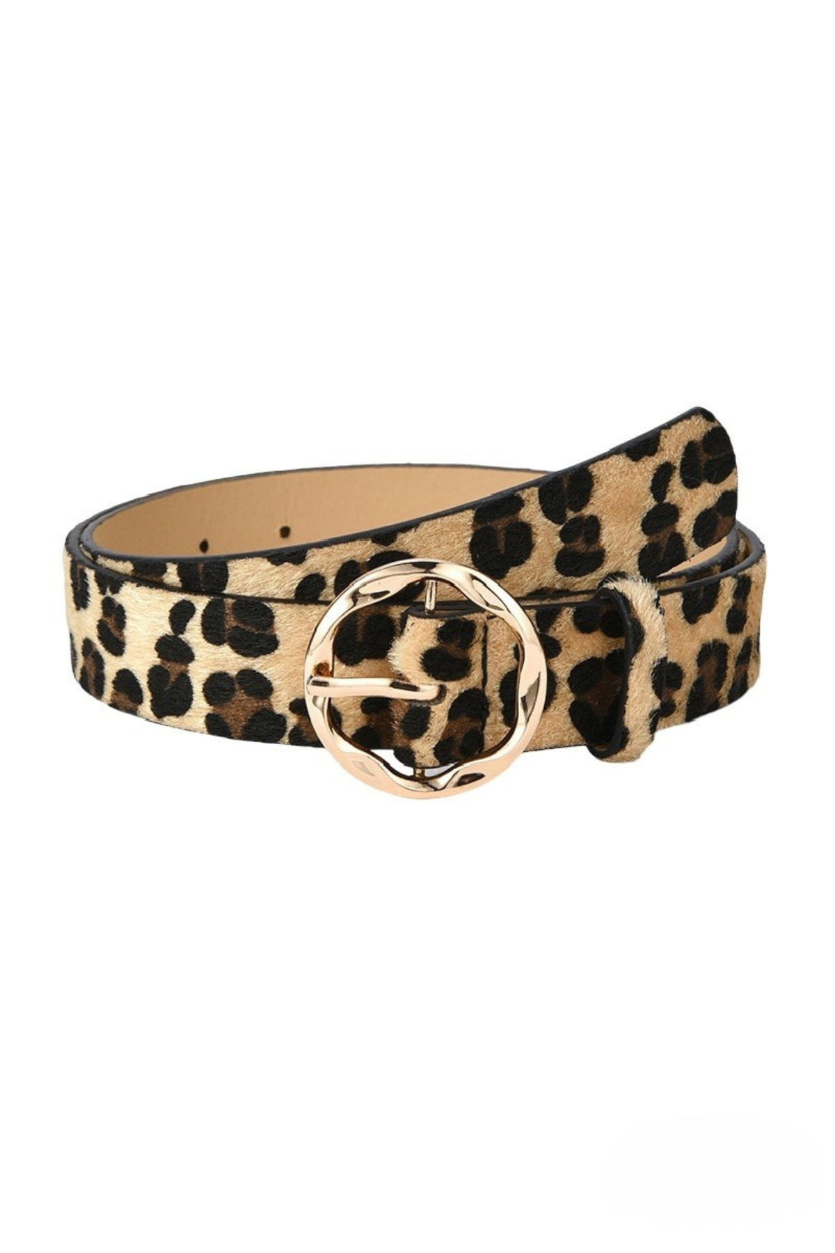 Leopard print fashion belt with gold circle buckle