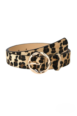 Leopard print fashion belt with gold circle buckle