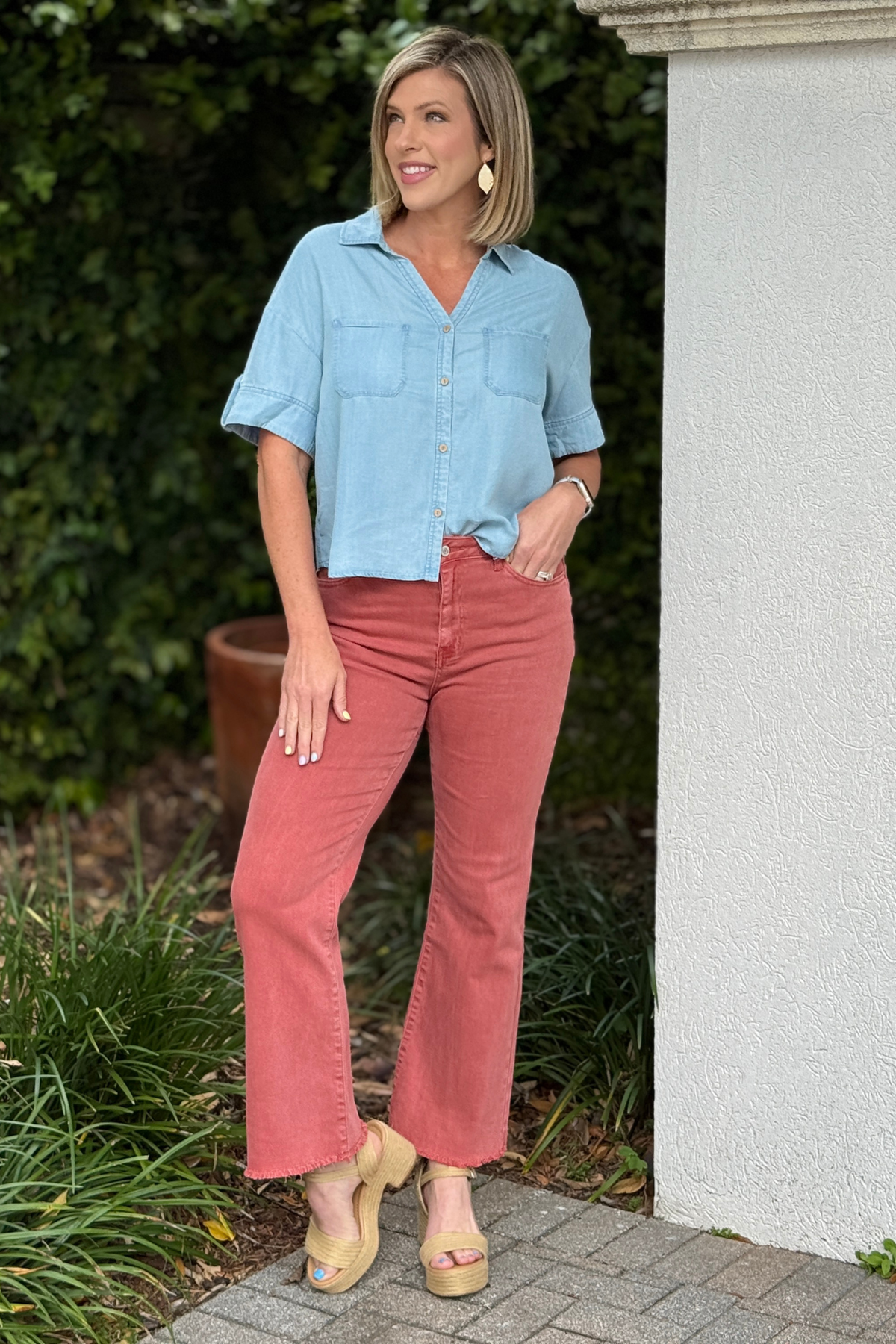 Charlie B short sleeve blouse with chest pockets