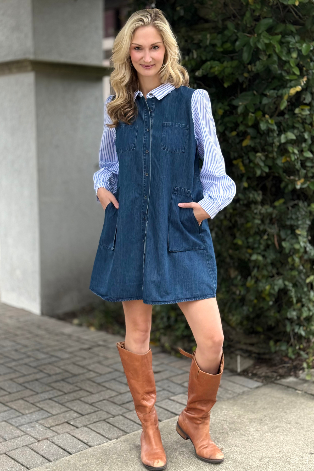 Denim Shirt Dress with long striped sleeves and side pockets