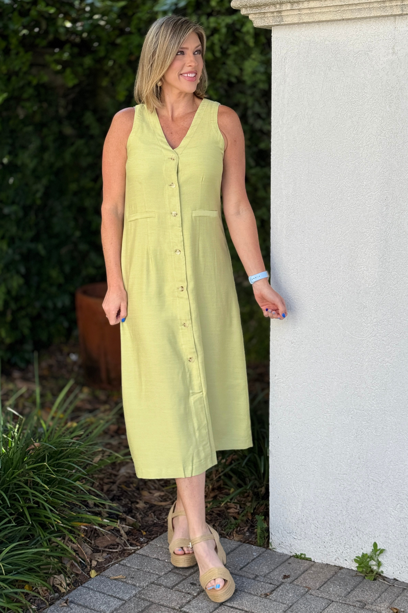 sage sleeveless midi dress outdoor