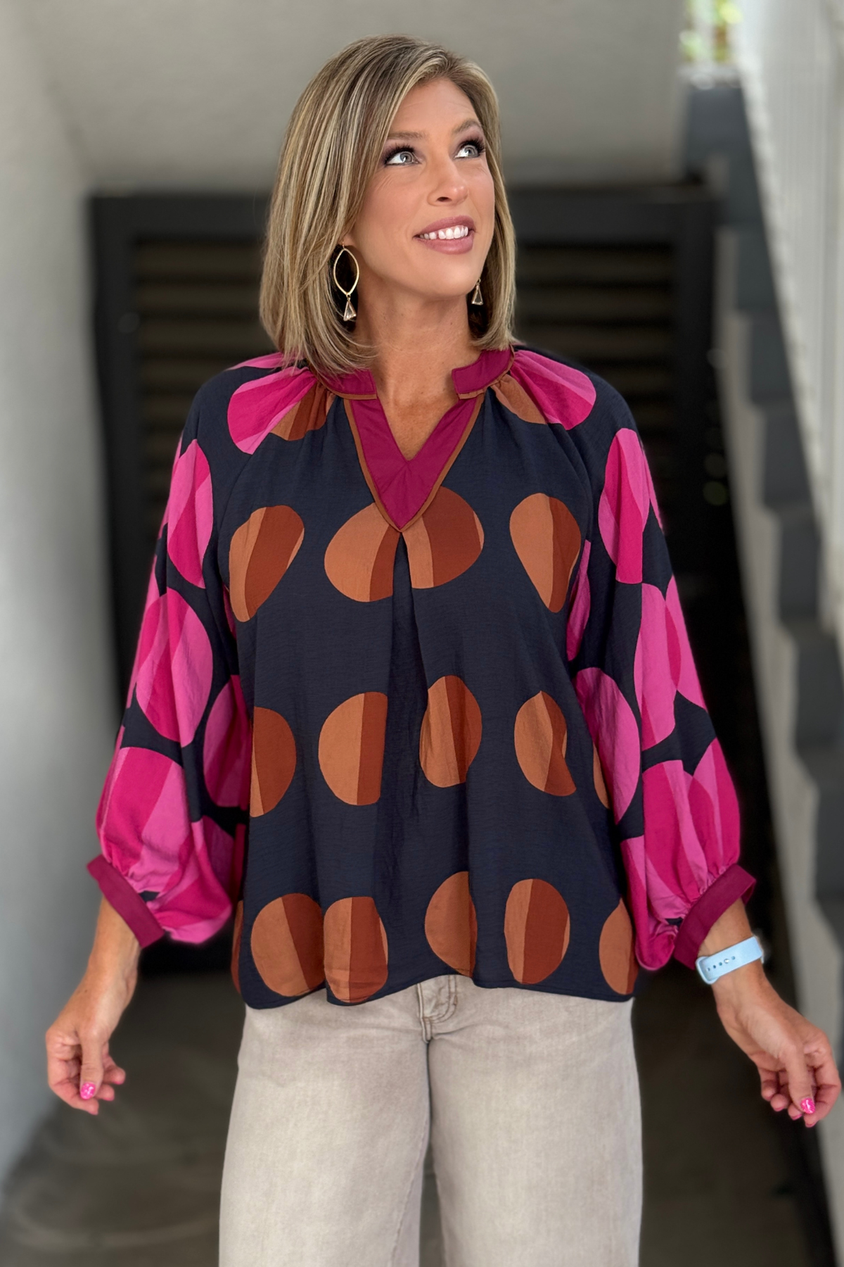 Navy and magenta polka dot contrast trim blouse