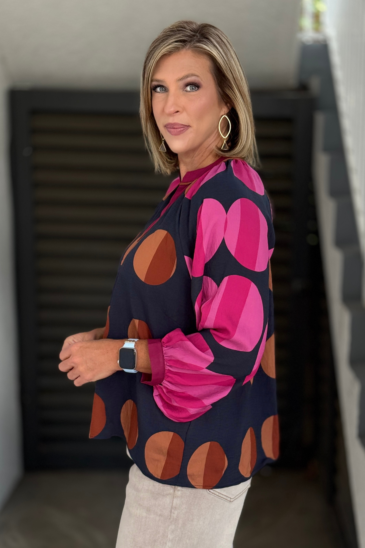 Split V-neck navy and magenta blouse