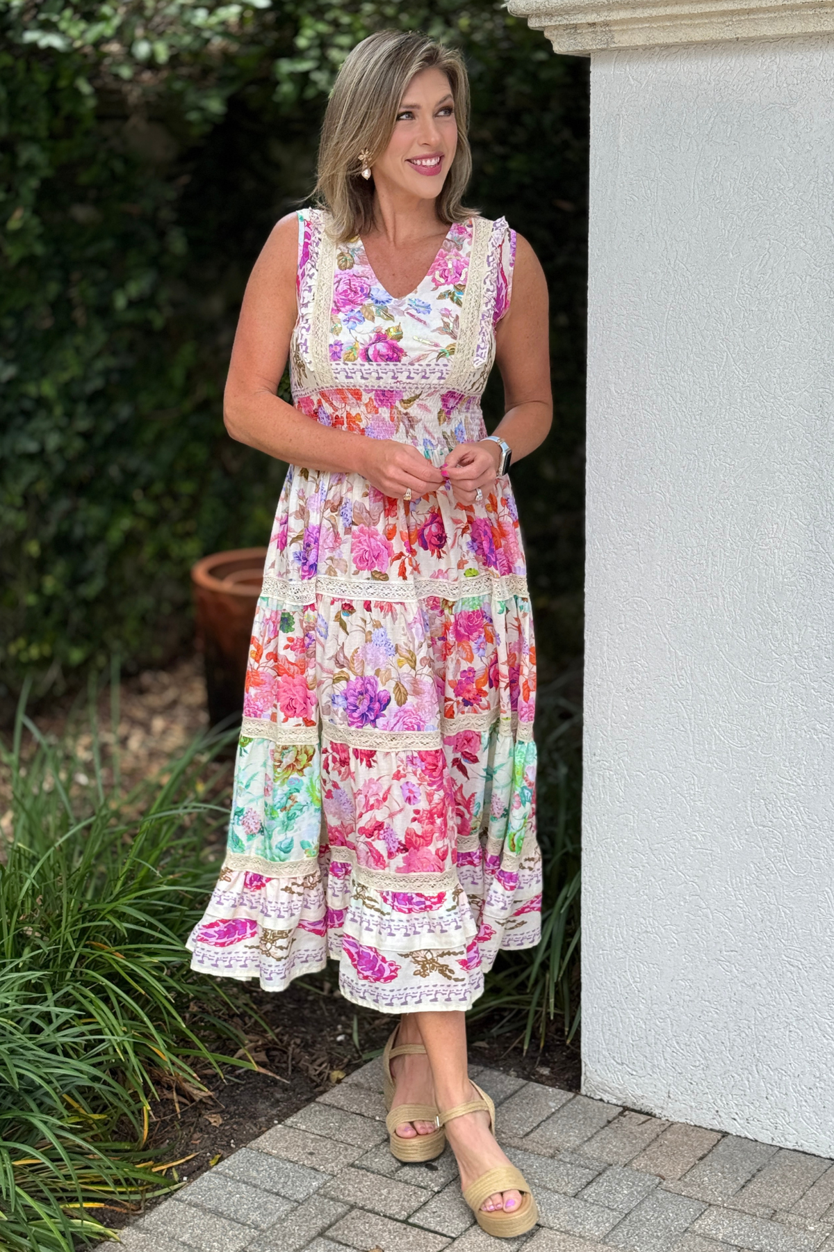 Charleston Bloom Floral Patchwork Maxi Dress Front View