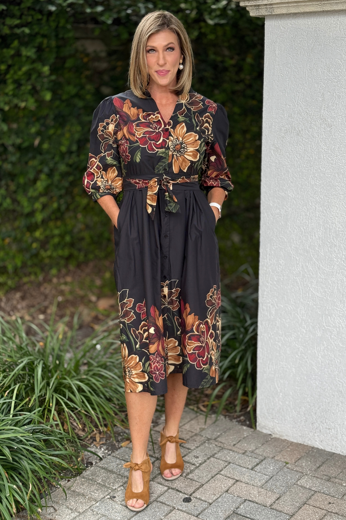 Black burgundy floral midi dress with self-tie waist