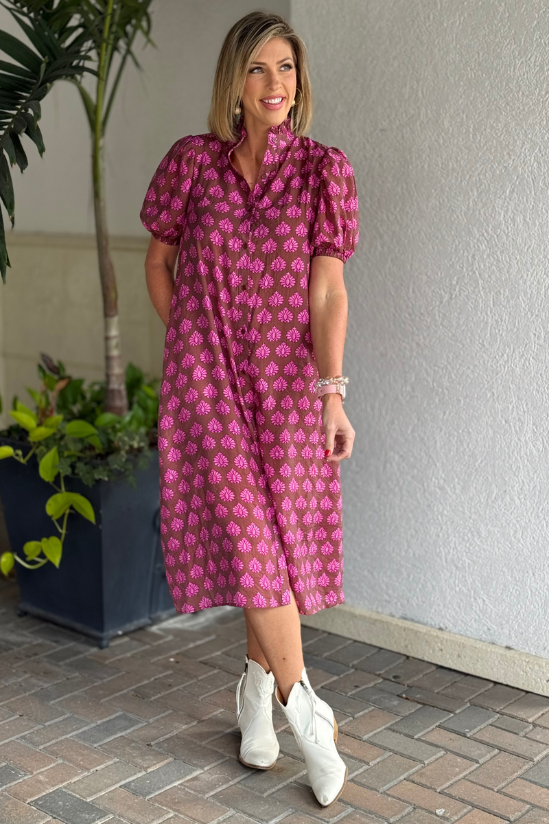 Ruffle collar printed midi dress with puff sleeves