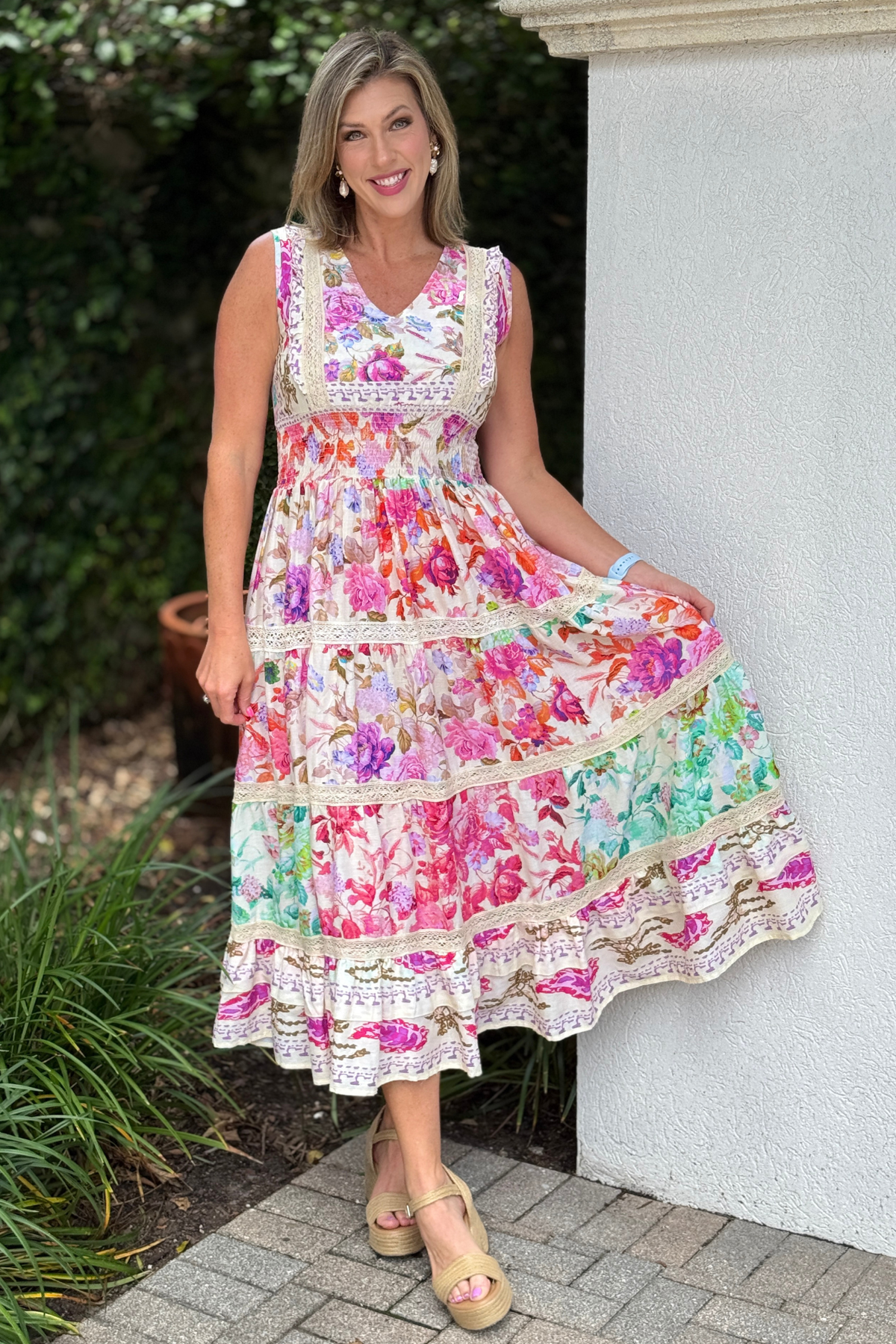 Floral Lace Trim Sleeveless Maxi Dress