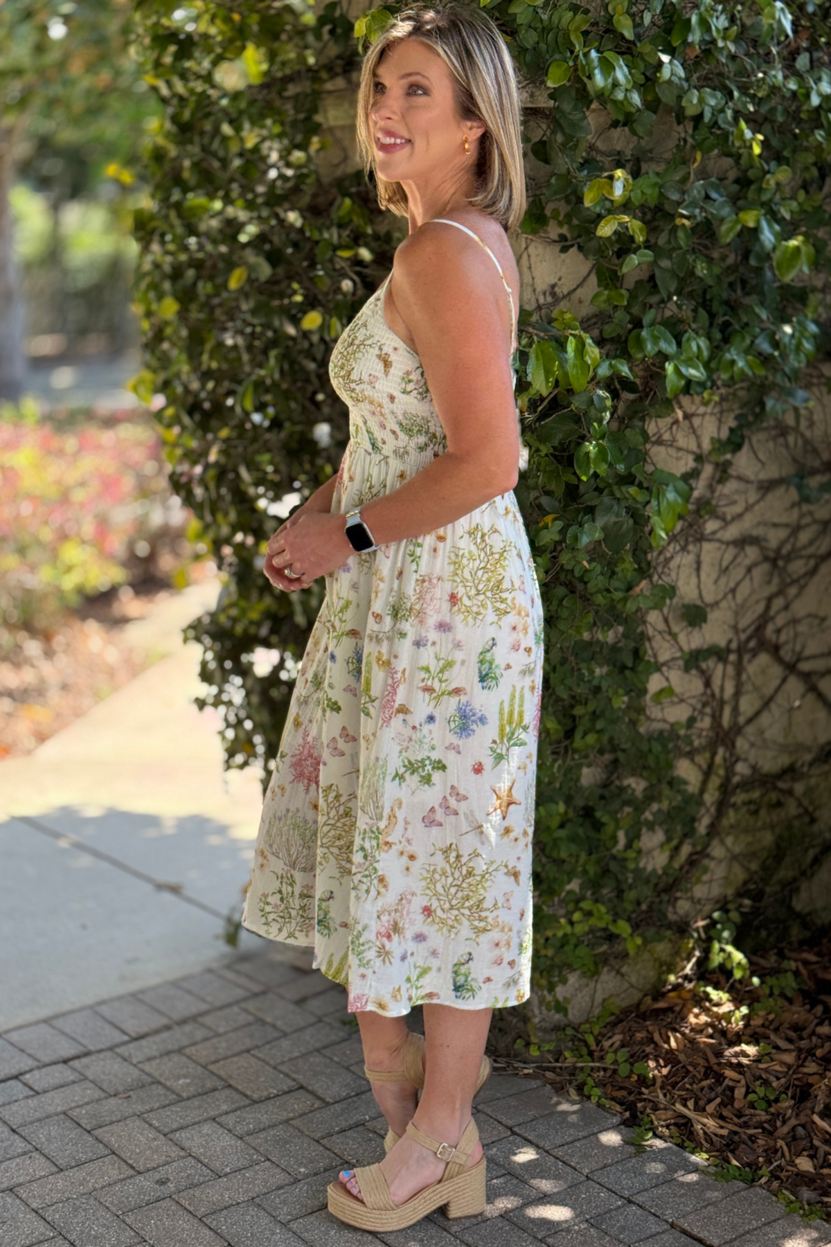Boutique coastal style dress with soft floral and seaside print