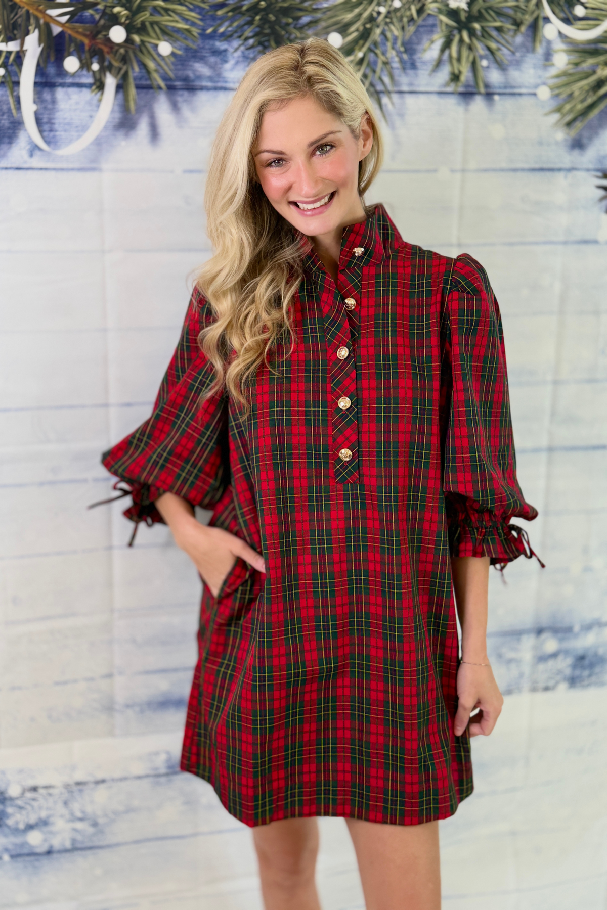 Christmas plaid balloon sleeve mini dress for women