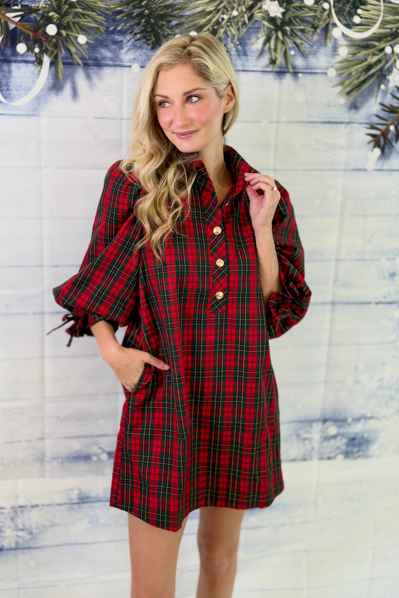 Red and green tartan plaid holiday mini dress
