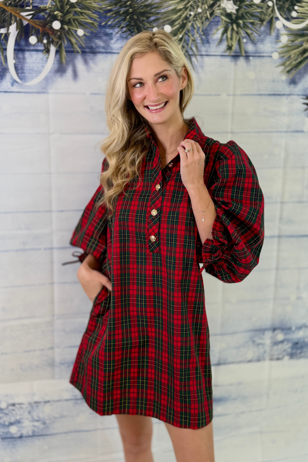 Plaid mini dress with tie cuffs and ruffle trim