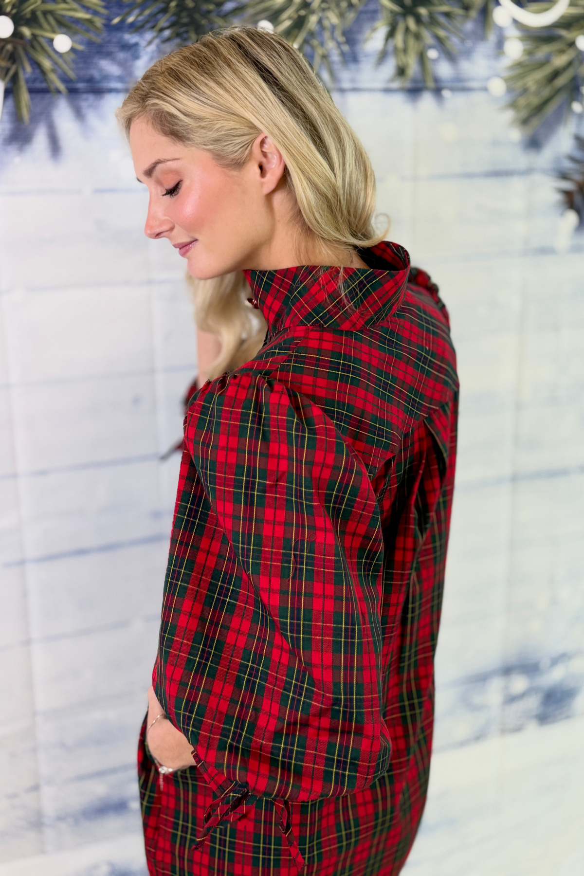 Christmas plaid dress with gold-tone front buttons
