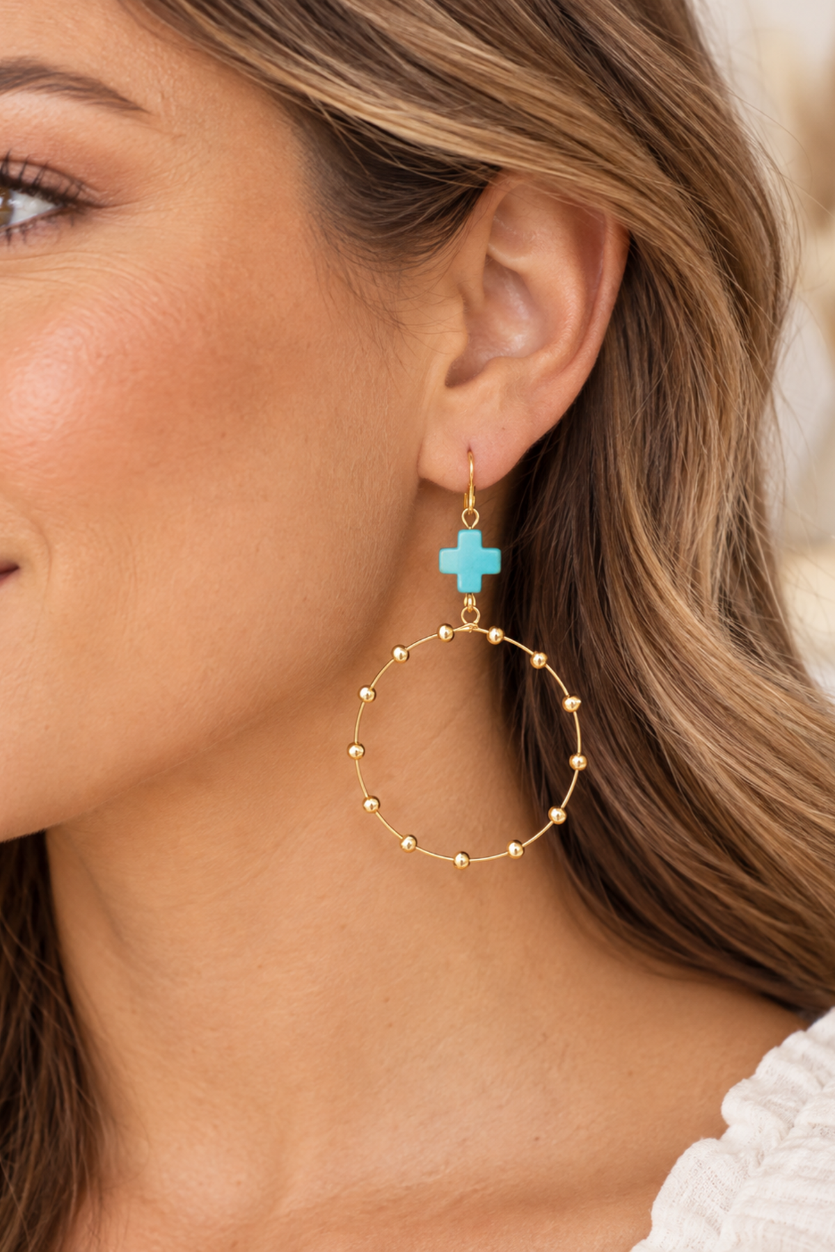 Turquoise Cross Beaded Hoop Earrings – Gold