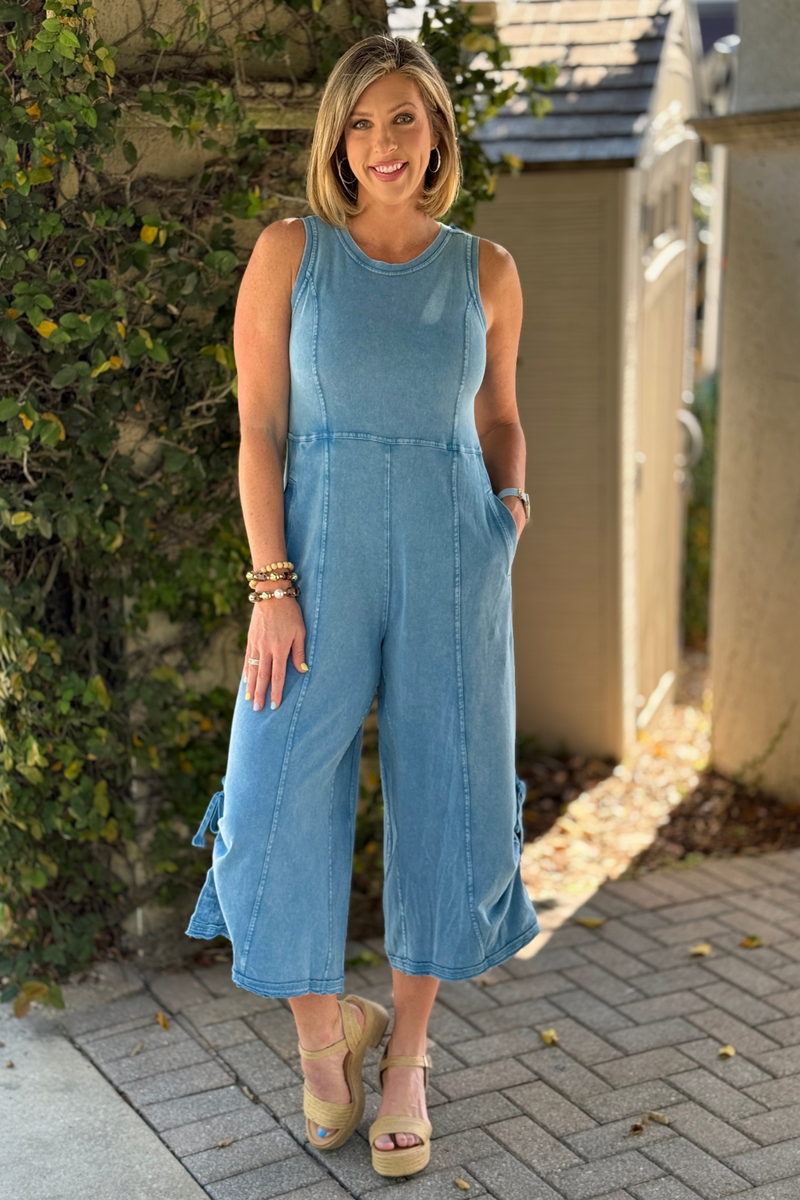 washed denim jumpsuit wide leg front view