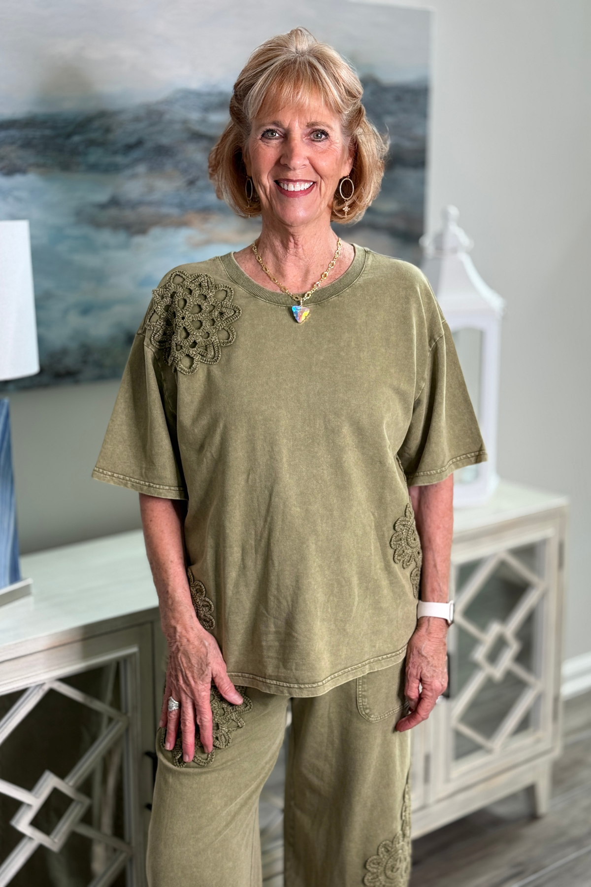 Women’s faded olive mineral wash two piece set with crochet flowers