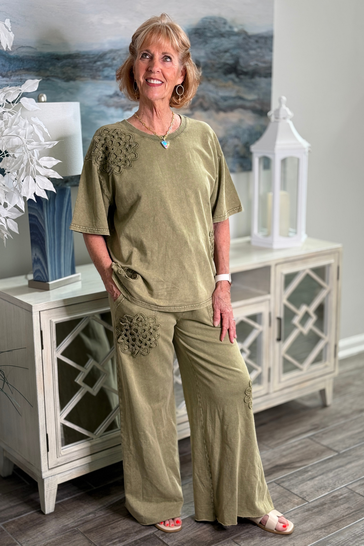 Faded Olive Crochet Patch Mineral Wash Top and Wide Leg Pant Set