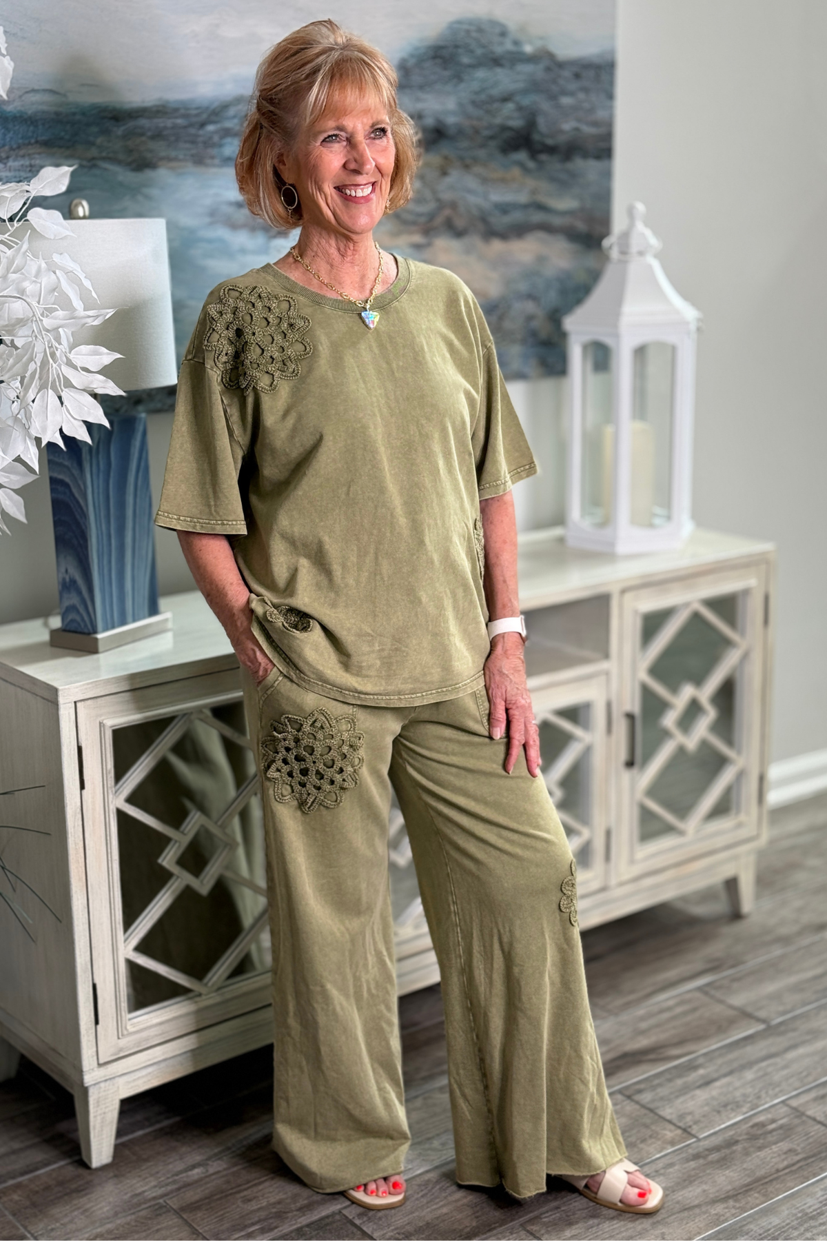 Faded olive wide leg pants with crochet patches and front pockets