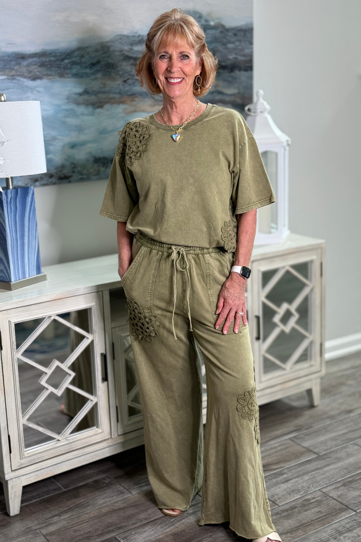 Women’s olive crochet patch matching set with drawstring wide leg pants
