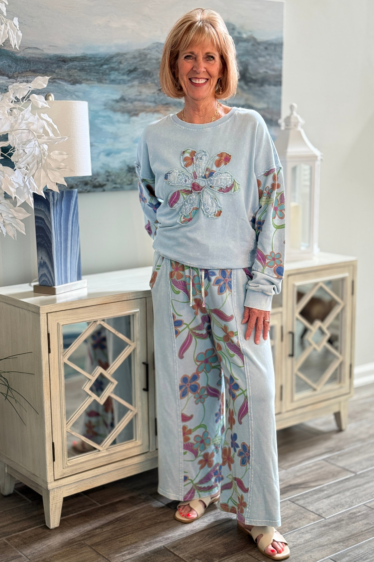 Floral wide leg pants with elastic drawstring waist in peri blue