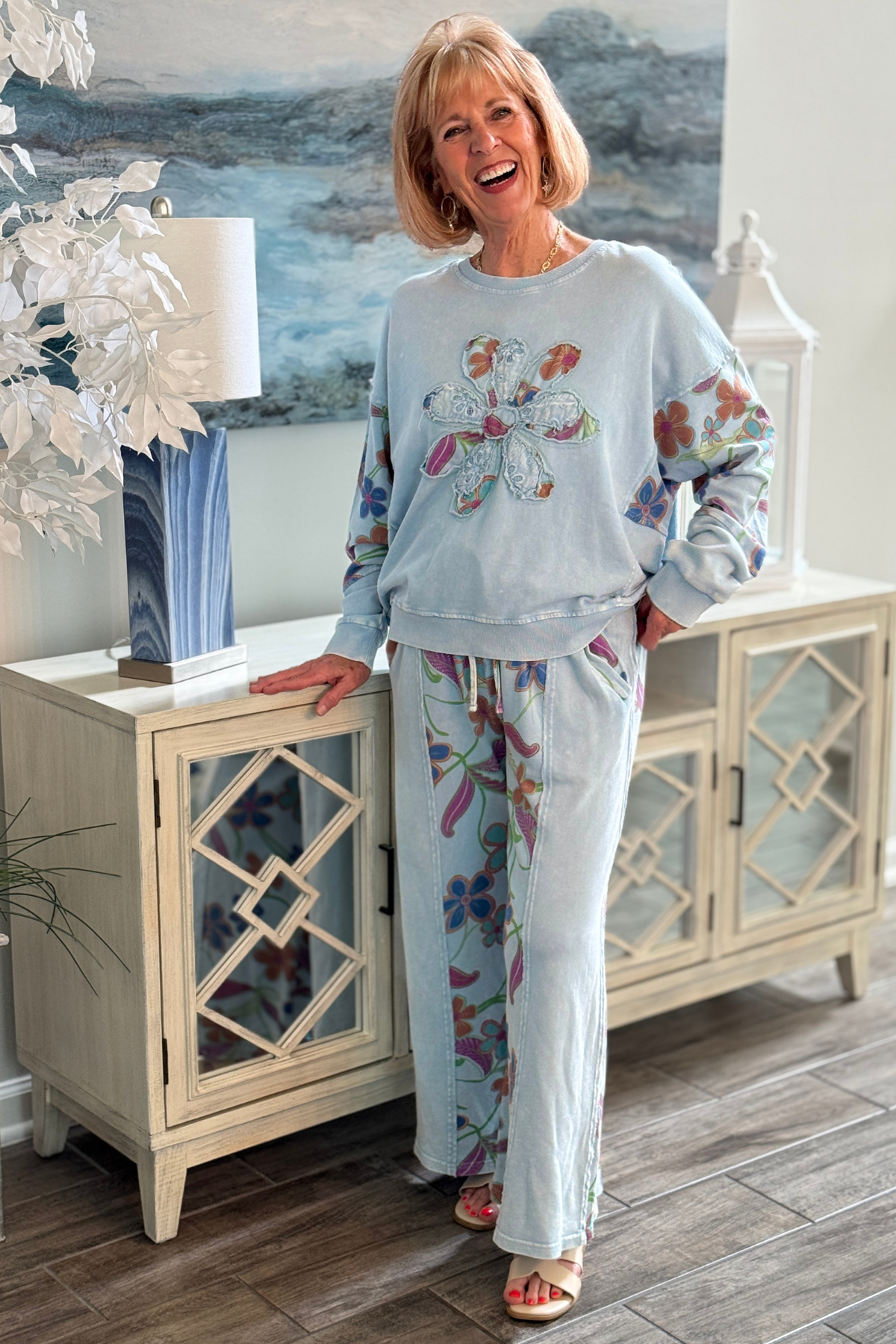 Peri Blue Floral Appliqué Sweatshirt and Wide Leg Pant Set for women