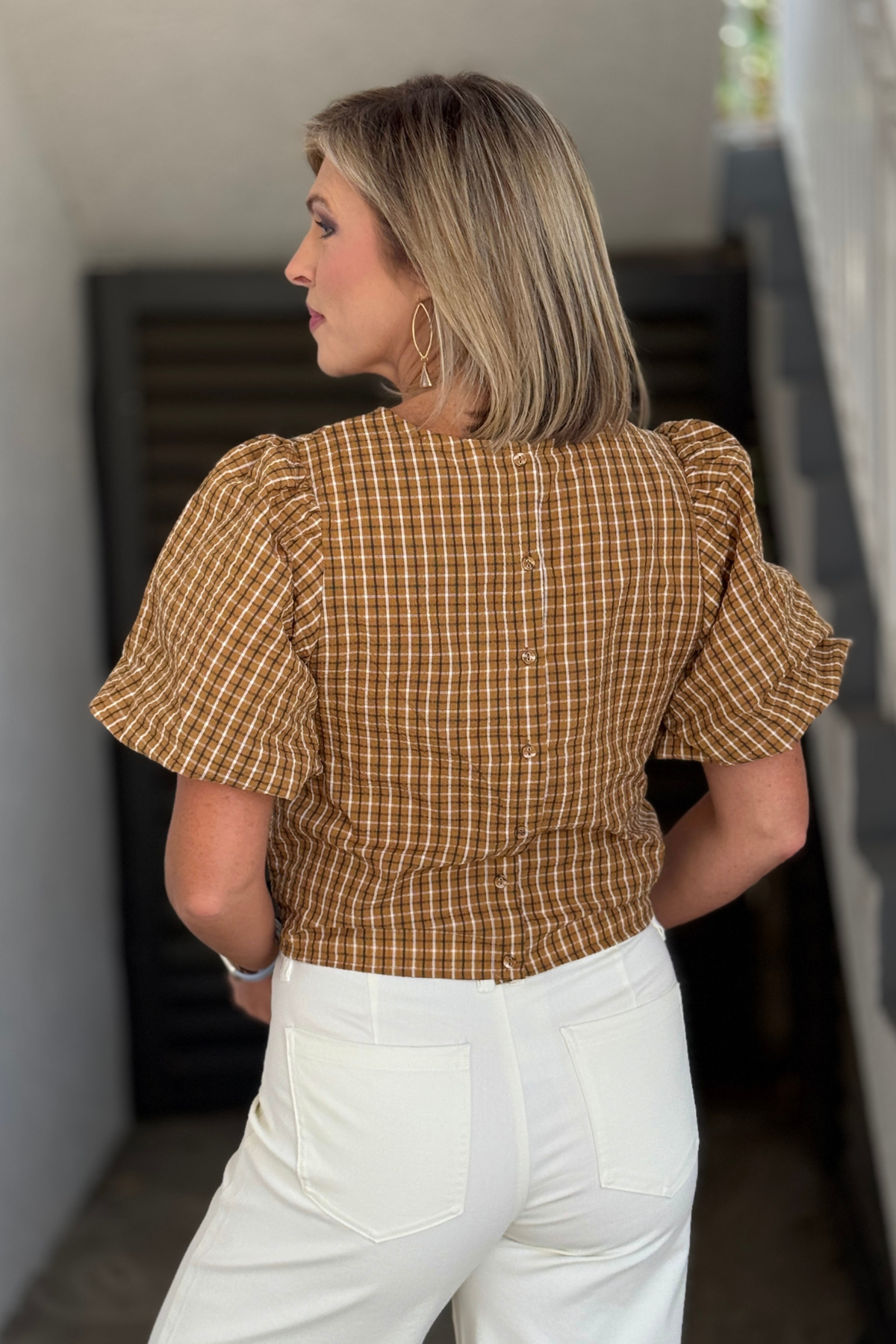 Soft camel check boutique top
