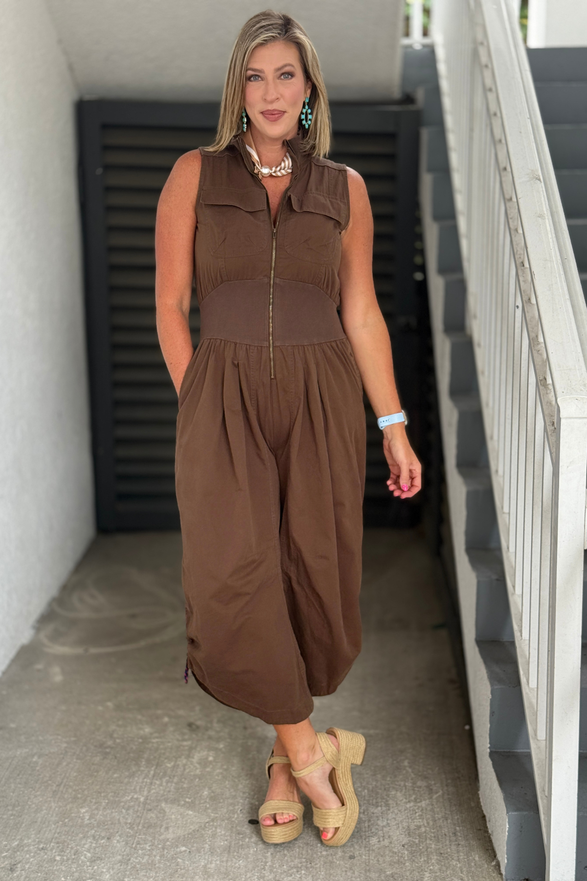Mineral washed zip front women's jumpsuit.