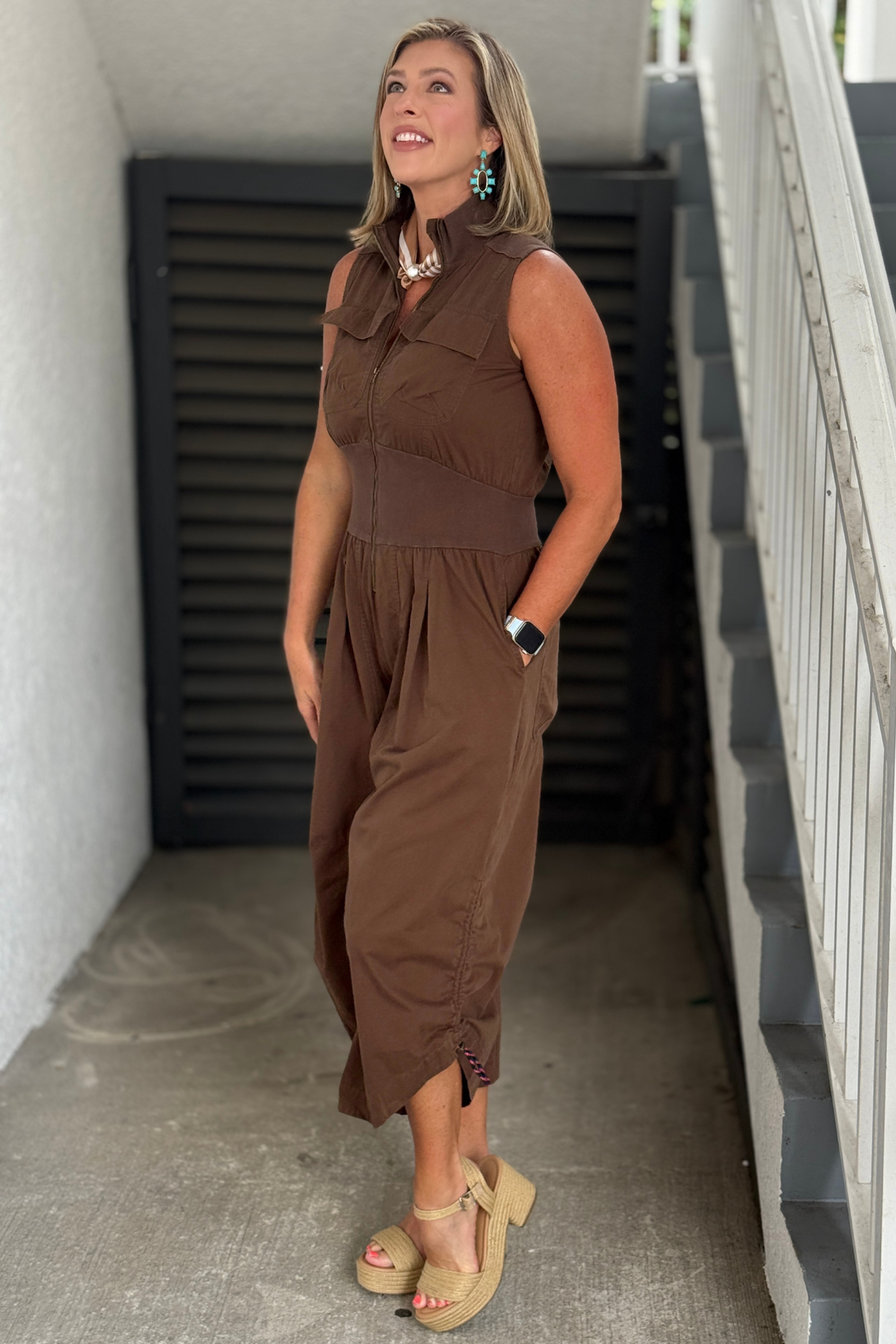 Balloon leg jumpsuit with ribbed waistband.