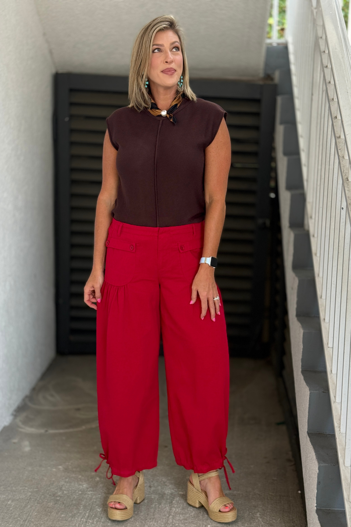 Poppy red mineral washed pants.