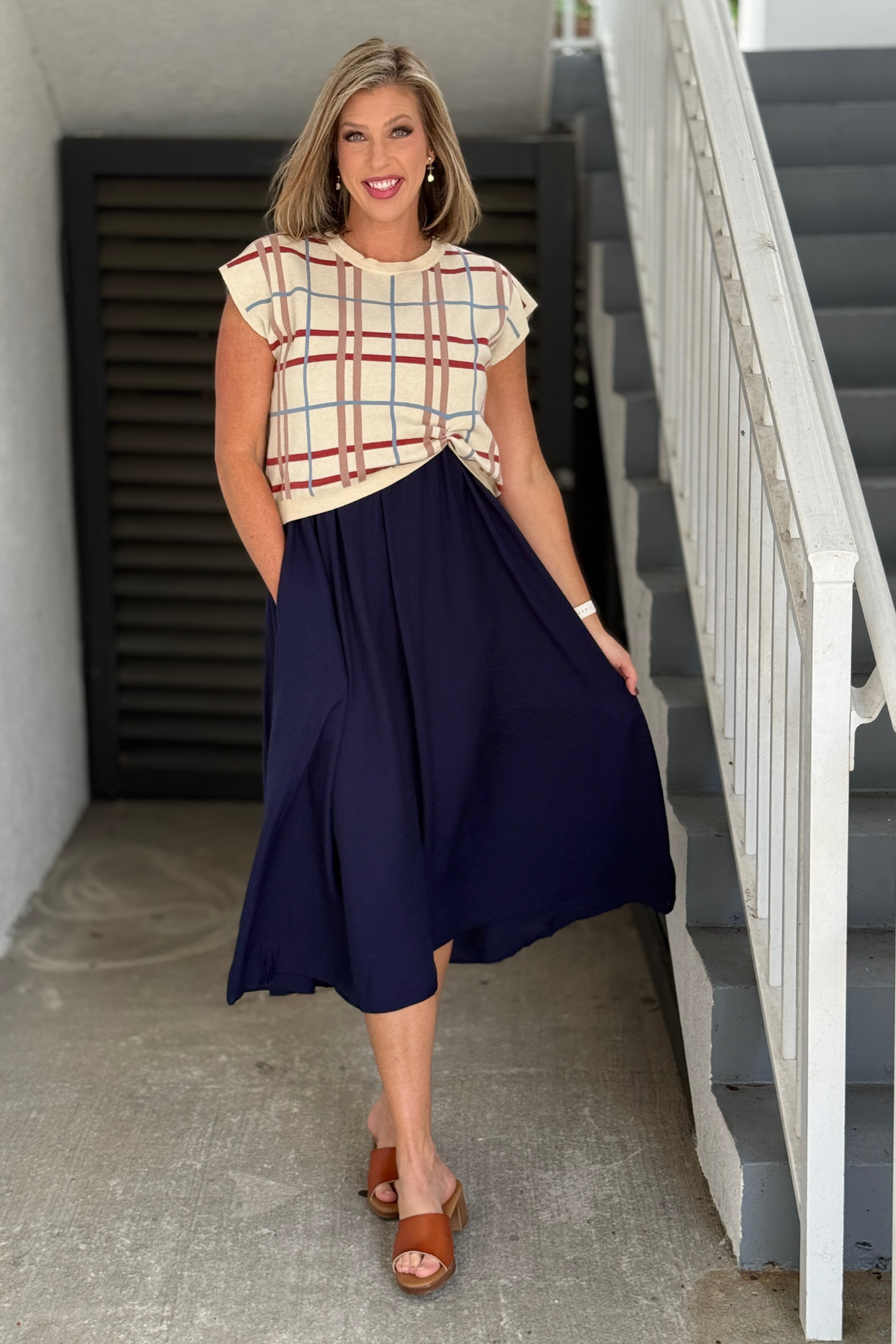 Plaid knit pullover and navy midi dress set for women