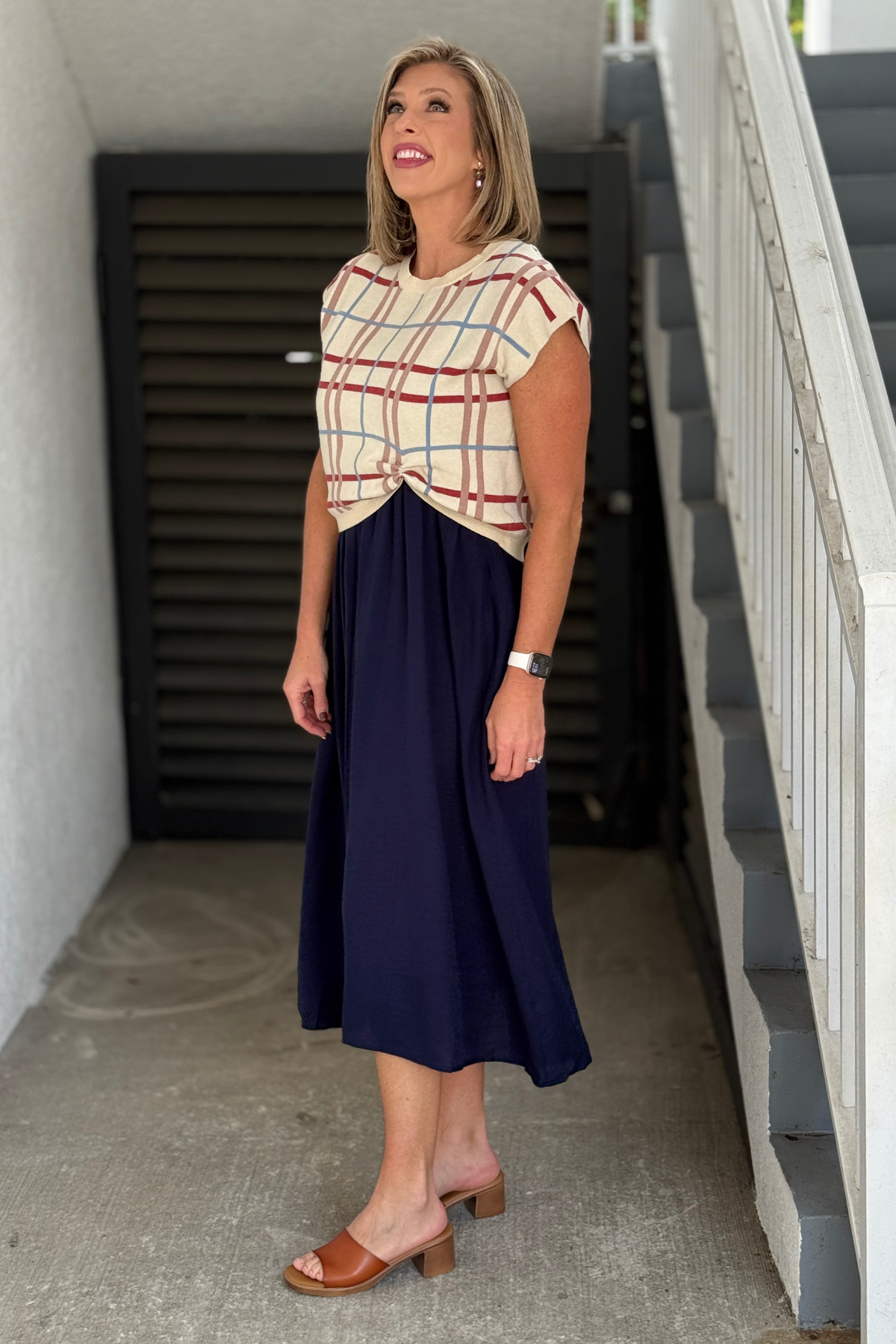 Two-piece fall midi dress set with plaid knit pullover