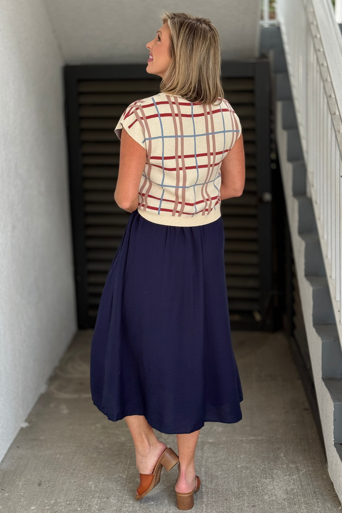 Navy adjustable strap midi dress and plaid sweater set
