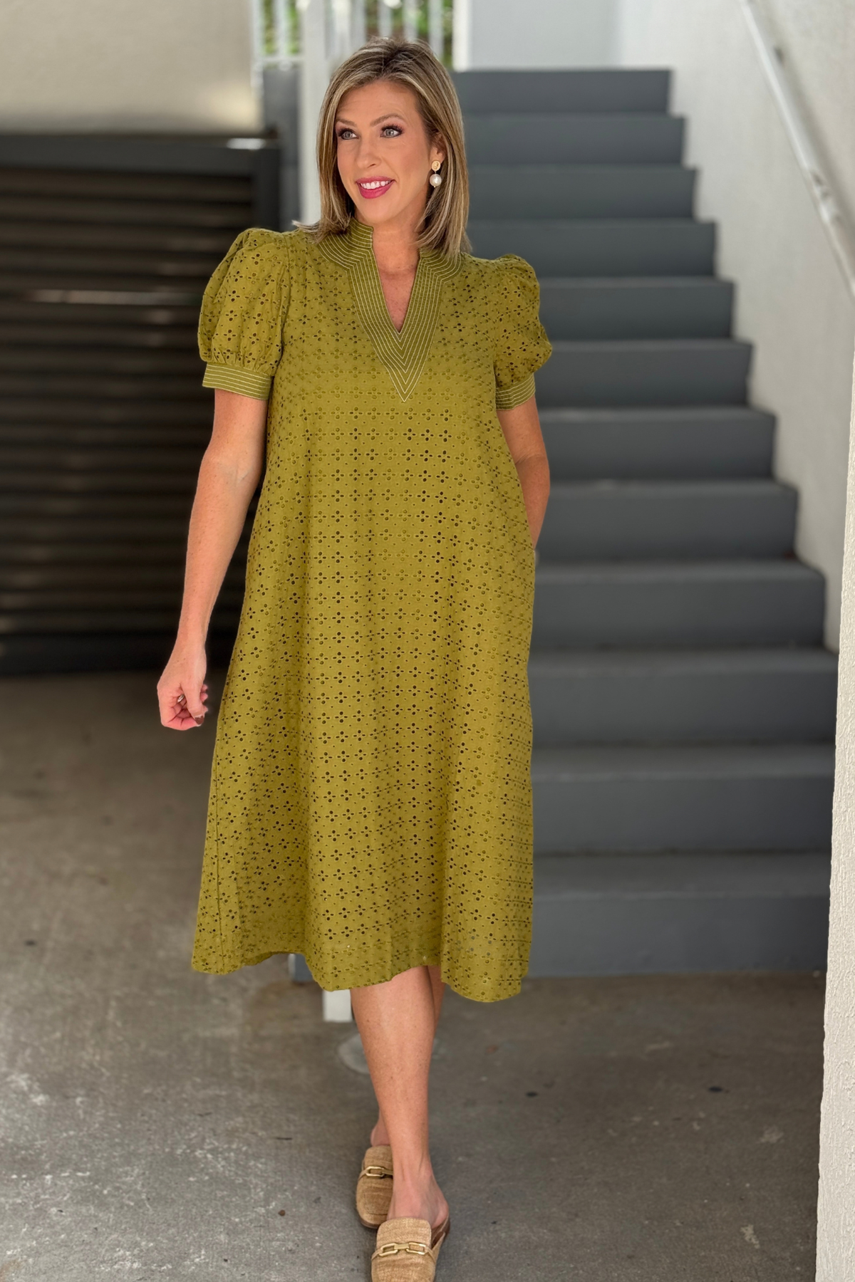 Women’s olive eyelet midi dress with V-neckline