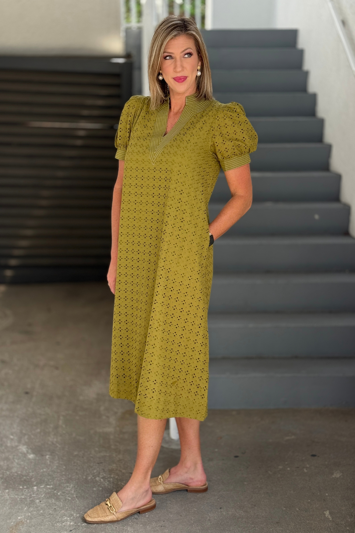 Olive Eyelet Puff Sleeve Midi Dress