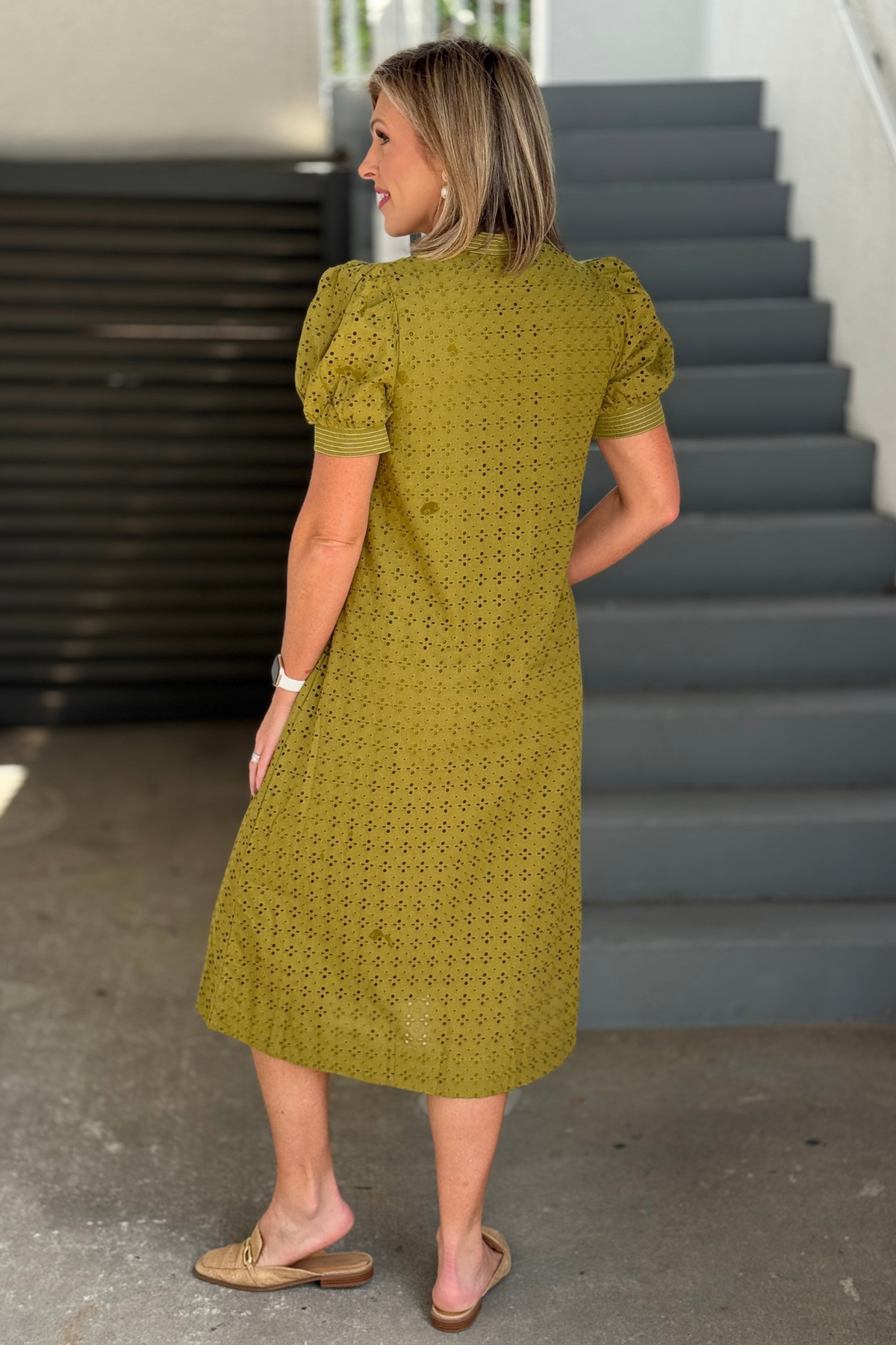 Olive puff sleeve dress with contrast stripe trim