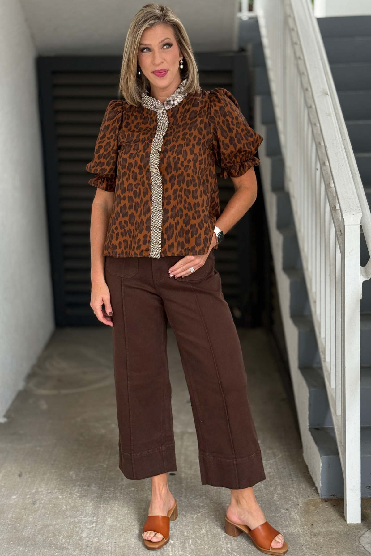 Leopard print puff sleeve Fall top styled with brown wide leg pants