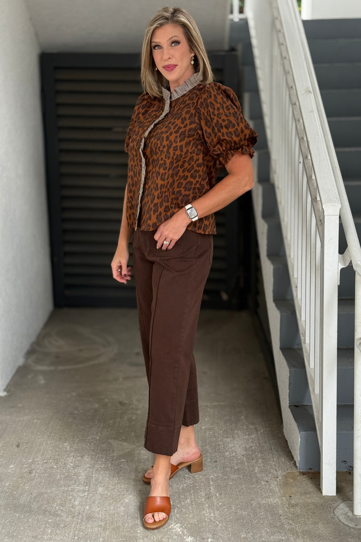 Brown animal print blouse with ruffle trim sleeves and band collar
