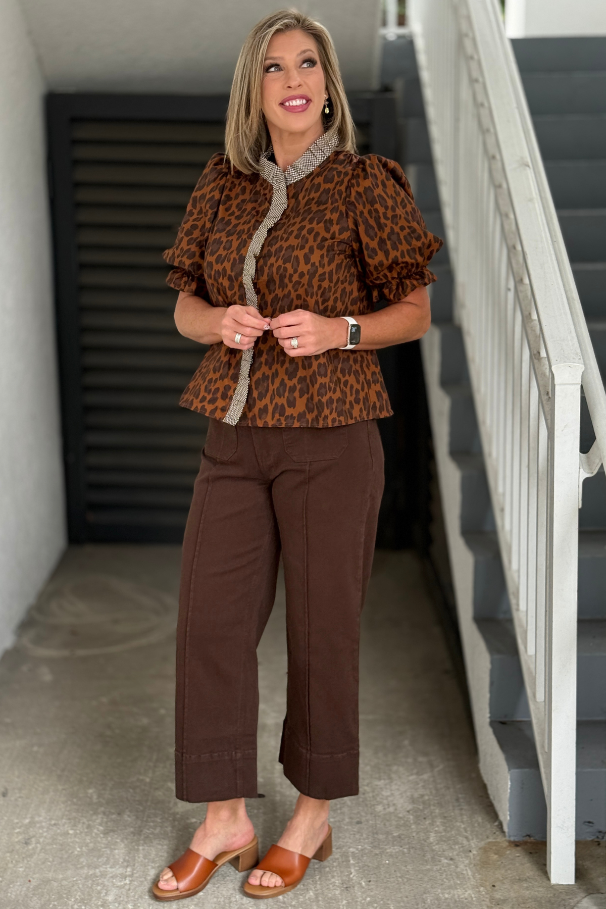 Women’s leopard print button front top with puff sleeves