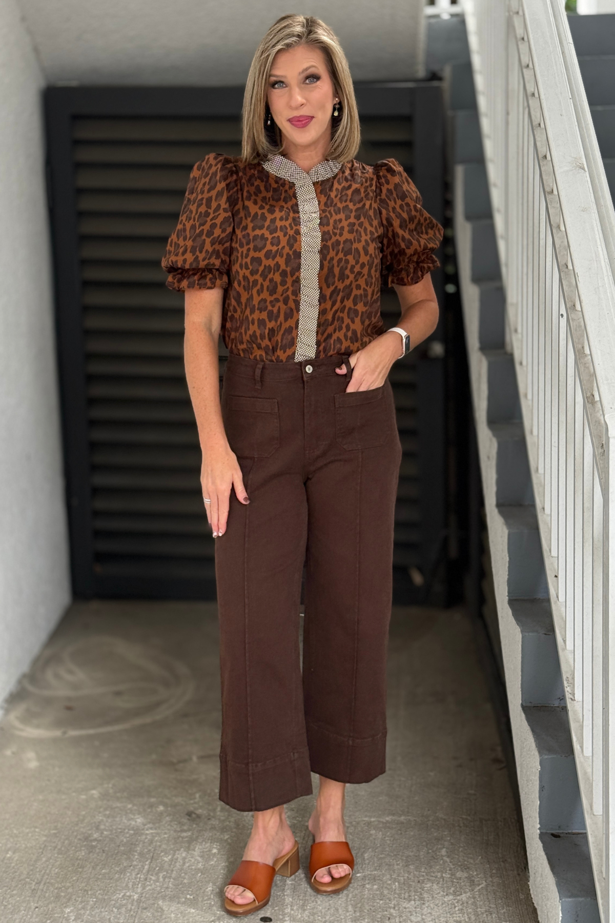 Brown wide leg pants with front seam detail front view